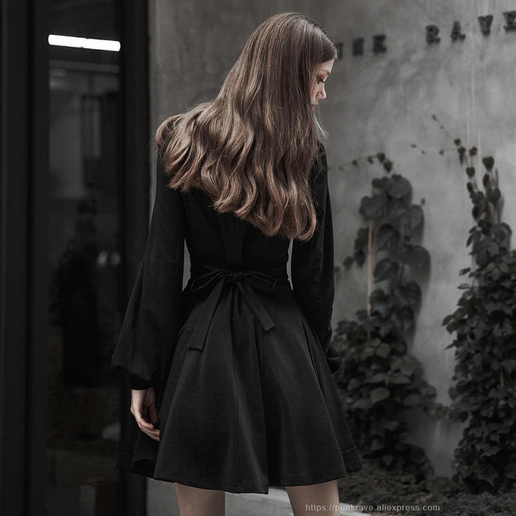 PUNK RAVE Women's Gothic High Collar Collect Waist Dress Knit Belt Sexy Retro Lantern Sleeve Women Dresses | Женская одежда