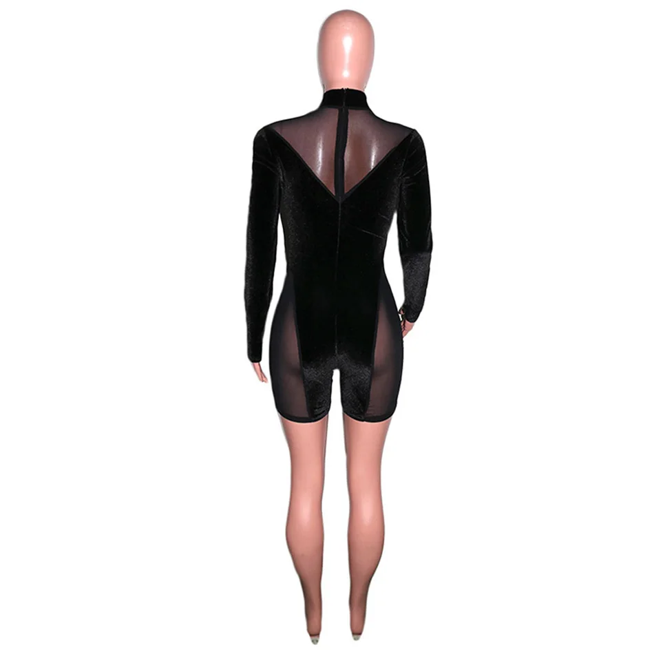 

Free Shipping Women's Sexy See-through Mesh Patchwork Velvet Jumpsuit Sexy High Neck Long Sleeve Bodycon Short Jumpsuit 2020 New