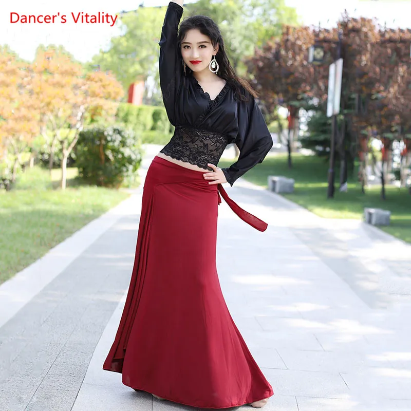 

Belly Dance Suit Lace V-neck Top Split Long Skirt Practice Clothes Set Female Adult Autumn And Winter Performance Clothing