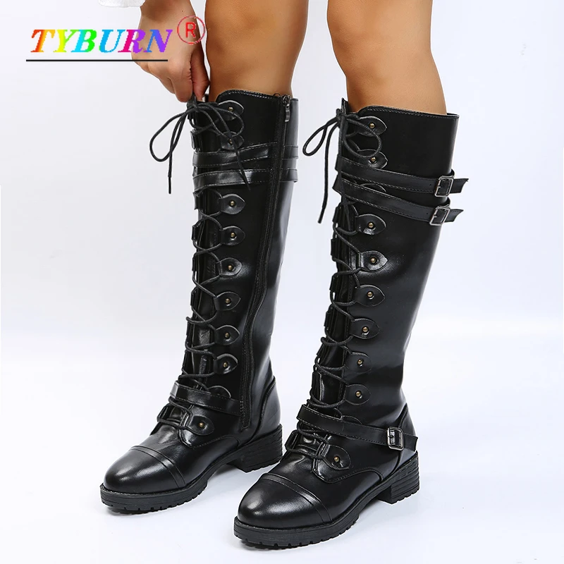 

2022 Sexy Lace-up Knee High Boots Ladies Fashion Boots Flat Shoes Ladies Square Heel Rubber Flocking Boots Botas Winter Buckle