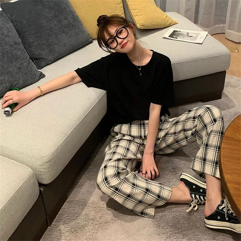 

Khaki Plaid Pants Women Casual Summer Fashion Harem Pants High Waist Sweatpants Cool Summer Hip Hop Pants Streetwear Girls