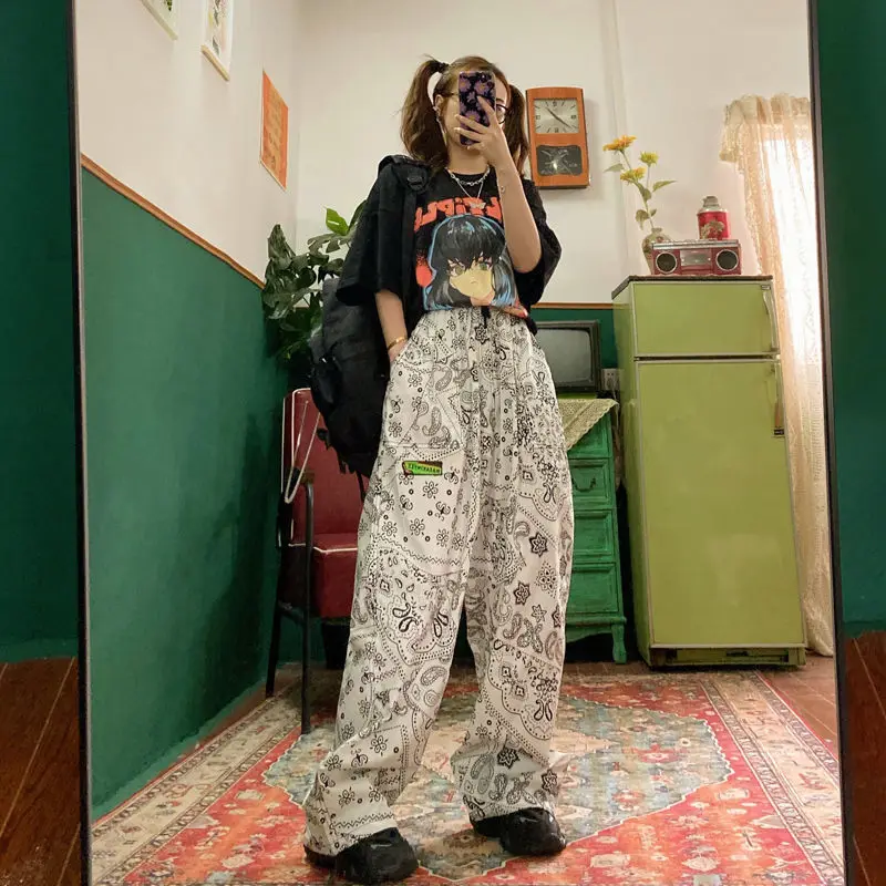 

2021 Hippie Wide Leg Pants Women 2000s Aesthetic Korean Fashion White Trousers For Female Streetwear Vintage Palazzo Oversize