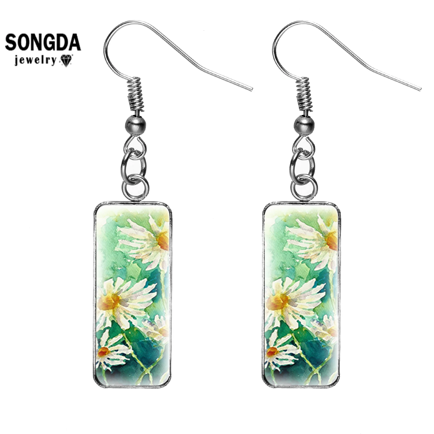 

SONGDA, различные художественные дизайнерские прямоугольные серьги в виде маргаритки разных цветов, стеклянные серьги с крючком в виде цветка...