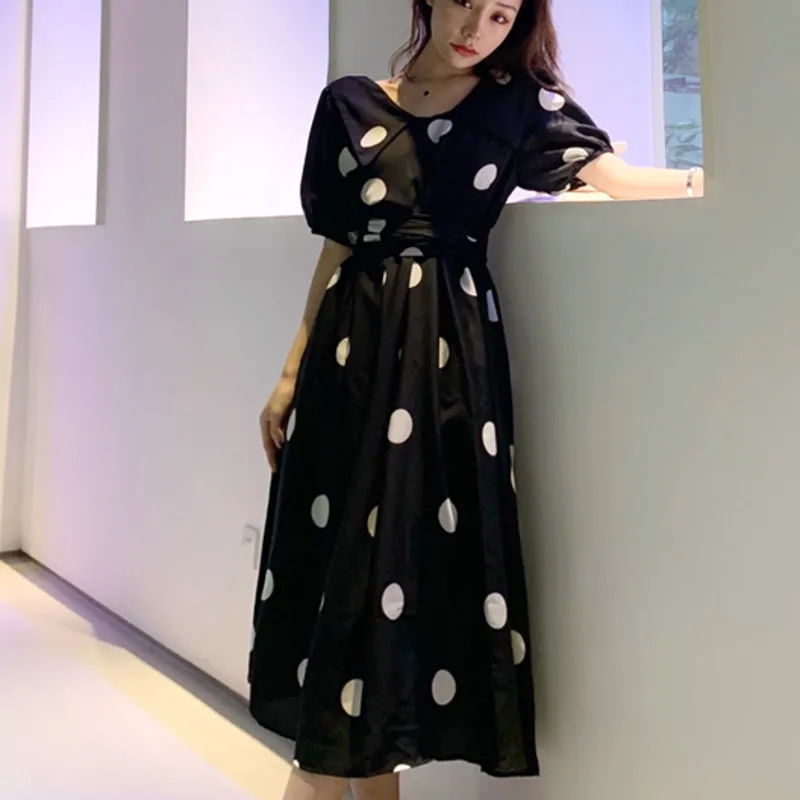 

Vintage Polka Dot Midi Dress New Summer 2021 Sexy Peter Pan Collar Short Sleeve Casual Vestidos Verano Elegant Sashes Women Robe