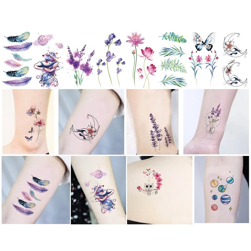 

Waterproof Temporary Tattoo Sticker Purple Feather Dark Sexy Rose flower Tattoo Wrist Neck Leg Fake Tattoo Women And Men sticker