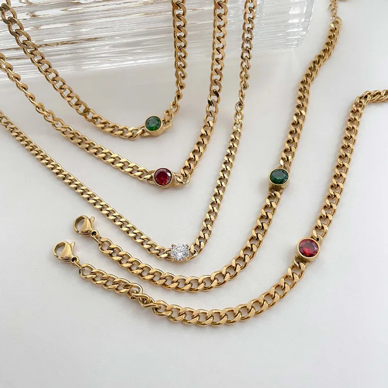 

Ожерелье из кубинской цепи с цветным драгоценным камнем для женщин, ожерелье из нержавеющей стали, браслет в стиле панк, уличная одежда, кру...