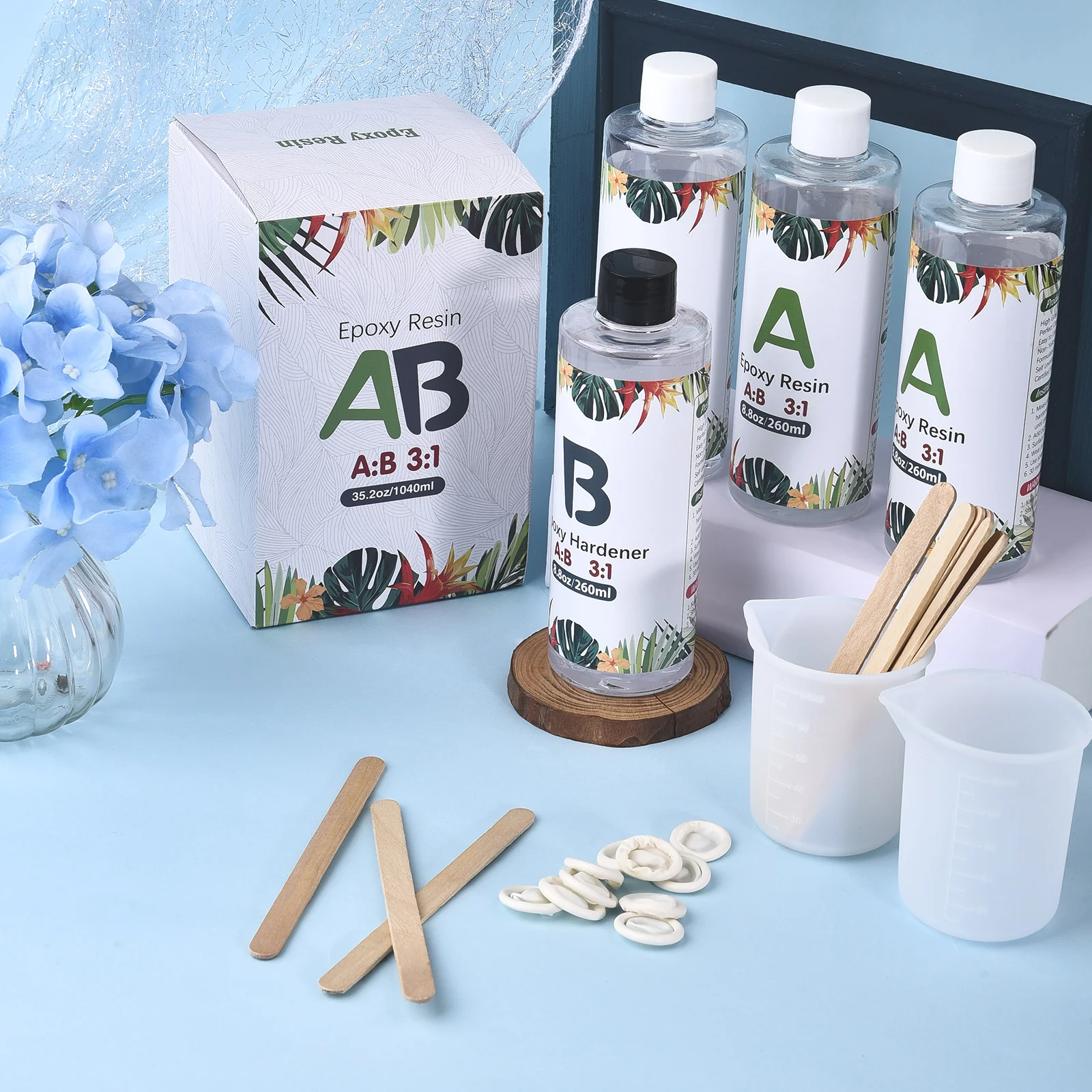 

1000g 1:1/3:1 AB Crystal Epoxy Resin Glue Set With Stirring Stick Measuring Cup Silicone Finger Cots Jewelry Making Tools