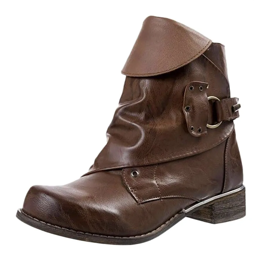 

Plus Size Bootee Woman Leather Buckle Ankle Boots Heel Boots Large Size Side Zipper Solid Color Shoes Bootie Woman Winter 019 A1
