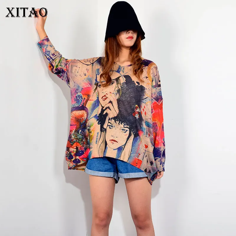 XITAO/Повседневная Уличная блуза с принтом из мультфильма для женщин, осенняя корейская мода, стиль, v-образный вырез, воротник, обычная длина, GCC2195