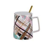 400ml geometric pattern gold ceramic cup watercolor style milk coffee mug with lid and spoon kawaii glass drinkware