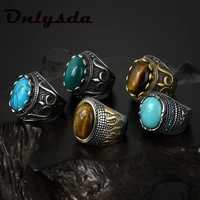 onlysda fashion flower band oval natural man ring with stone for women vintage look antique silver color men jewelry party gifts