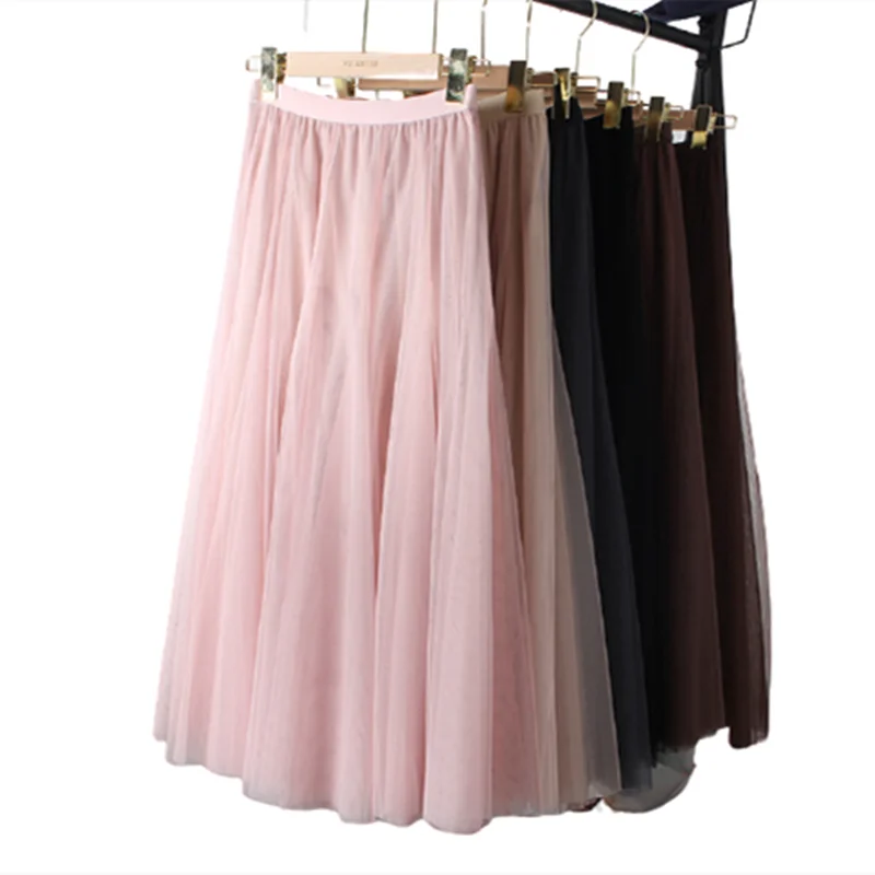 

Spring Autumn Elegant Korean Style High-Waist Mesh Skirt Women Fairy Gauze Skirts With Large Hem A-line Long Skirt Vestidos