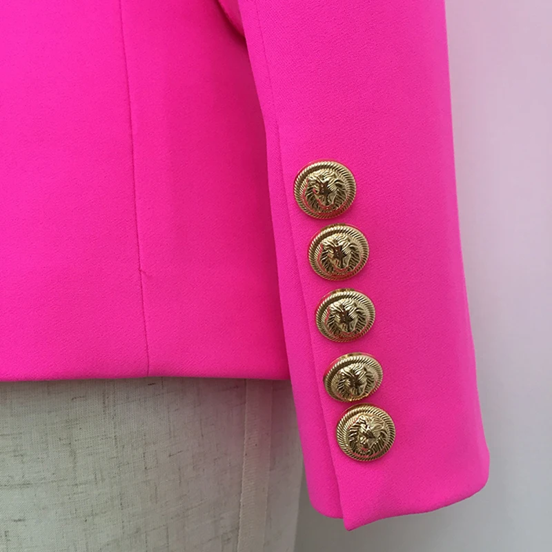 

2021 HIGH STREET Stylish Designer Blazer Women's Classic Double Breasted Metal Buttons Slim Fitting Blazer Jacket Hot Pink