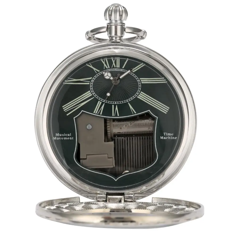 Steampunk Pocket Watch Man Hand Crank Music Quartz Pocket Watch Green Case Roman Numeral Dial Woman Watch Music Pendant Gift