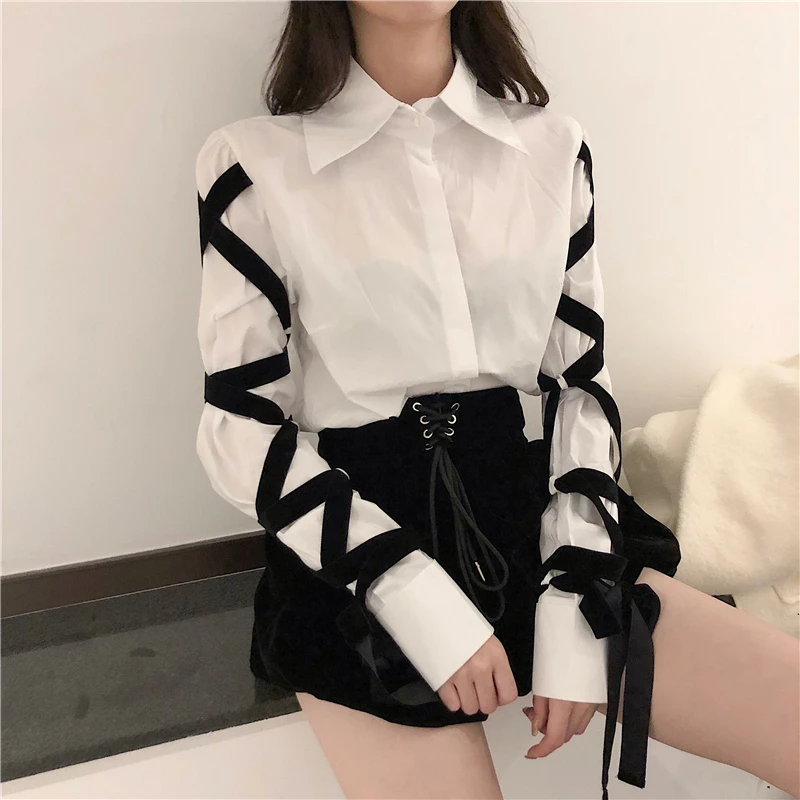 

White Shirts Women Stitching Black Bandage Tops Turn-down Collar Long Sleeve Fashion Office Lady Women Blouses