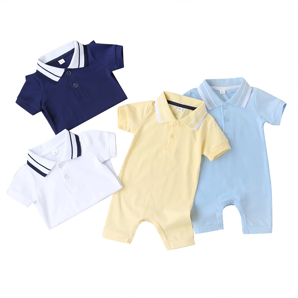 

Baby Boy’s Romper Short Sleeve Jumpsuit Summer Fashion Solid Color Button Lapel One Piece Short Pants Infant Cotton Playsuit