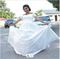 fashion off the shoulder short sleeves bridal gowns court train satin robes de mariage a line african bridal gowns custommade