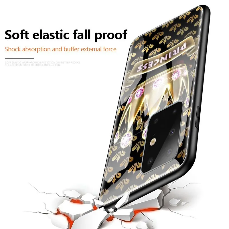 Glass Case For Samsung Galaxy S20 FE S10 S9 S8 Plus Note 20 Ultra 10 Lite 9 8 Tempered Phone Cover Capas Diamond Crown Printing