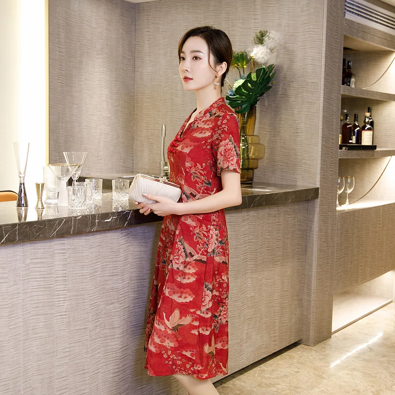 Летнее платье в китайском национальном стиле ретро с V образным вырезом