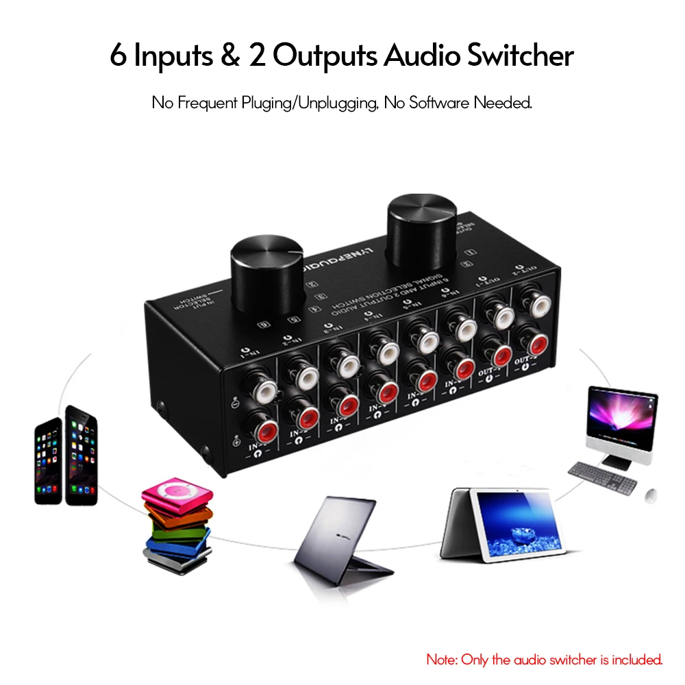 

Аудиопереключатель 6 в 2-Out, двухсторонний селектор аудиосигнала, распределитель с аудиовходами и выходами RCA/3,5 мм