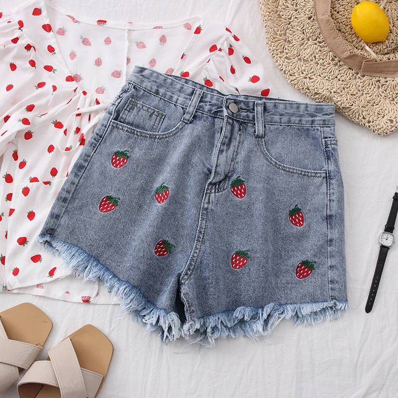Женские джинсовые шорты с завышенной талией и принтом клубники|Женские шорты| |
