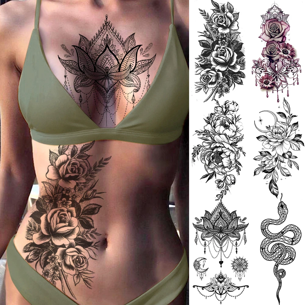 Purple Rose Jewelry Water Transfer Tattoo Stickers Women Body Chest Art Temporary Tattoo Girl Waist Bracelet Flash Tatoos Flower