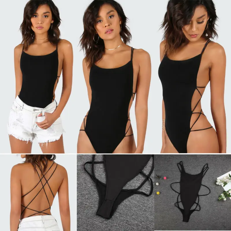 Сексуальные женские черные боди трико бикини с открытой спиной Цельный