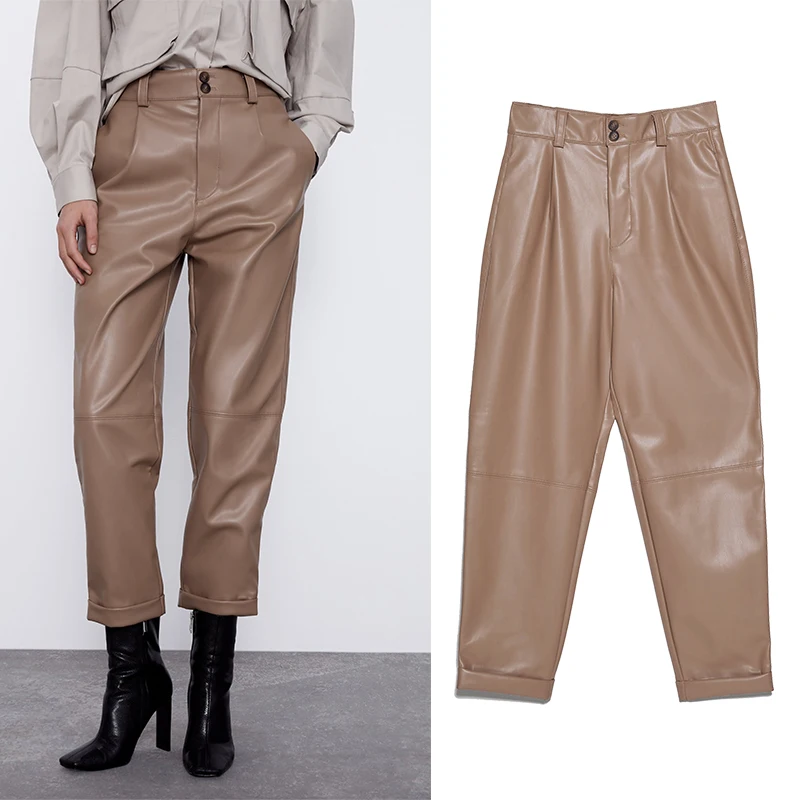 Женские Длинные шаровары Za повседневные однотонные брюки из искусственной кожи