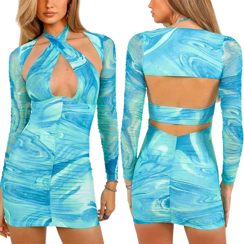 

2021 New Sexy Woman Dress Long Sleeve Backless Hollow Out Halter-neck Bodycon Sheath Mini Dresses Clothes