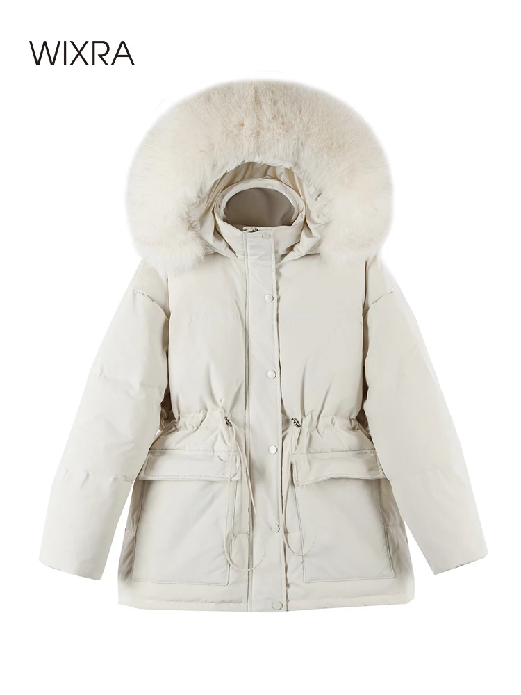 

Wixra White Duck Down Overcoats Women Stylish Fox Fur Collar Warm Winter Outwear Zipper Jackets Hooded Parkas Snow Coats