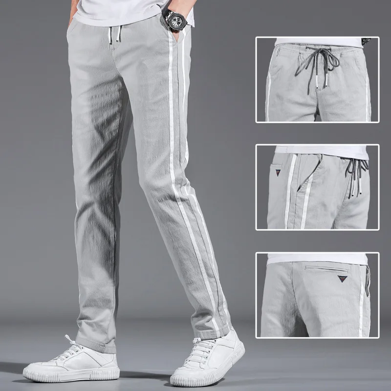 2019 Summer Thin Youth BOY'S Straight-Cut Pants Korean-style Striped Slim Fit Lace-up Casual Men's |