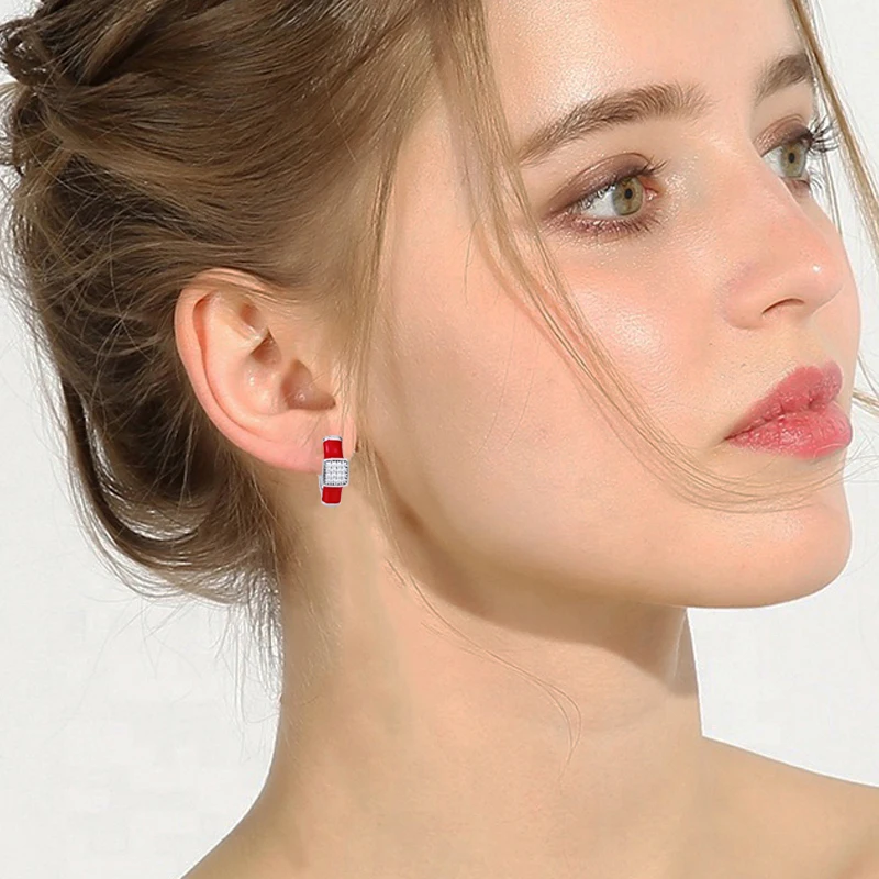

MAIKALE Classic Square Red/Black Enamel Stud Earring Silver Color Plated Cubic Zirconia CZ Small Earrings for Women Jewelry Gift