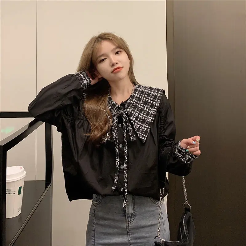 

Spring Autumn Women Shirts Peter Pan Collar Black Button Up Elegant Blouse New Fashion Office Ladies Casual Female Tops D29