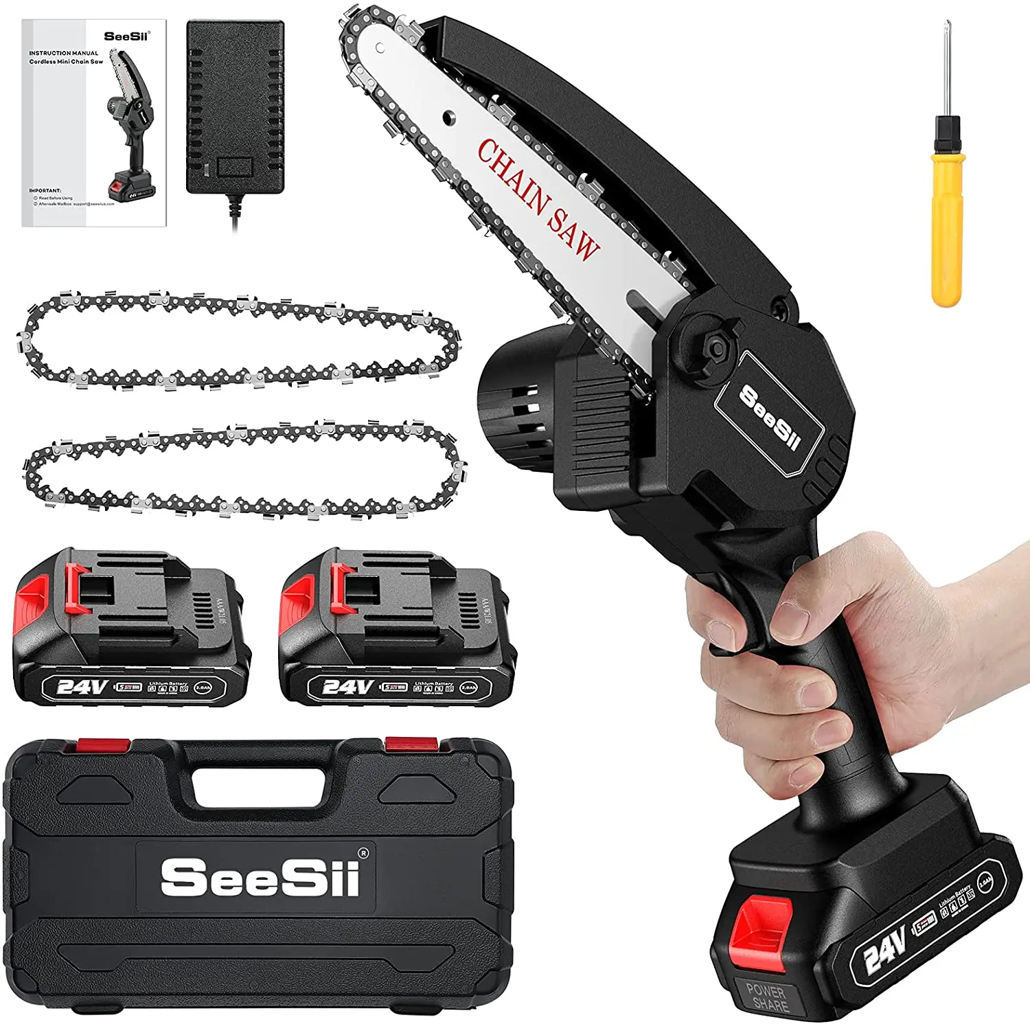 

6-inch Mini ChainSaw, Seesii Cordless Chainsaw with 2x 2.0Ah Batteries One-Handed Electric Chain Saw, Metal wall plate