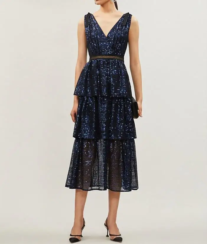 Осень 2019 Новое поступление темно синее элегантное платье с глубоким v образным