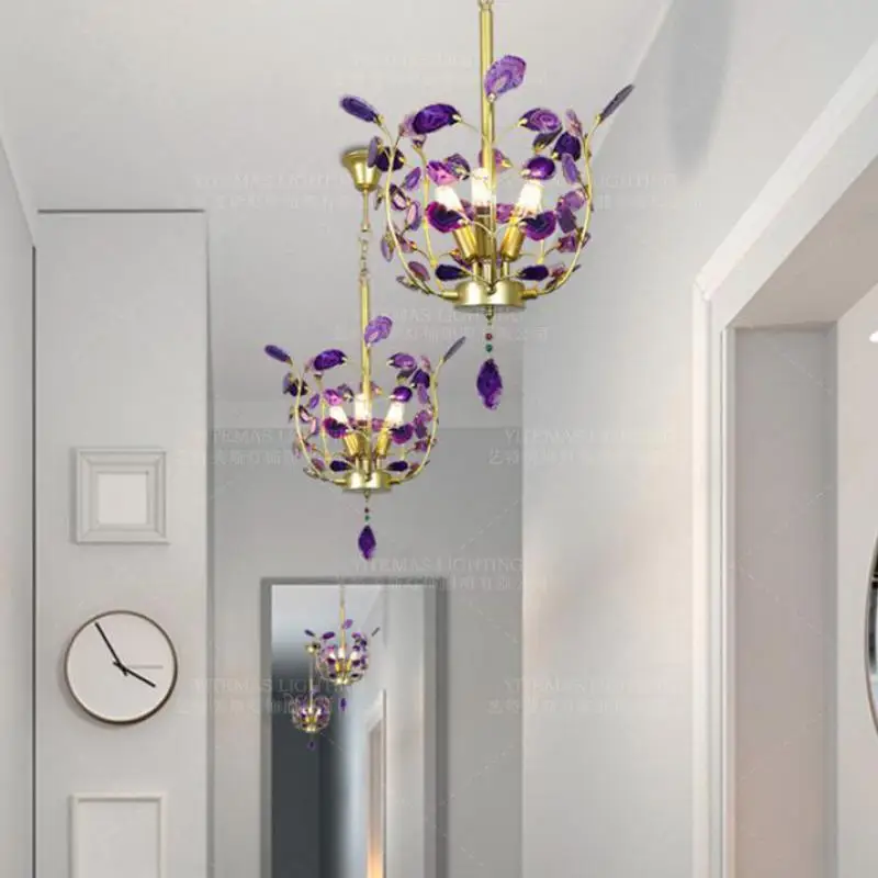 Современный золотой подвесной светильник LED фиолетовый натуральный агат Лофт
