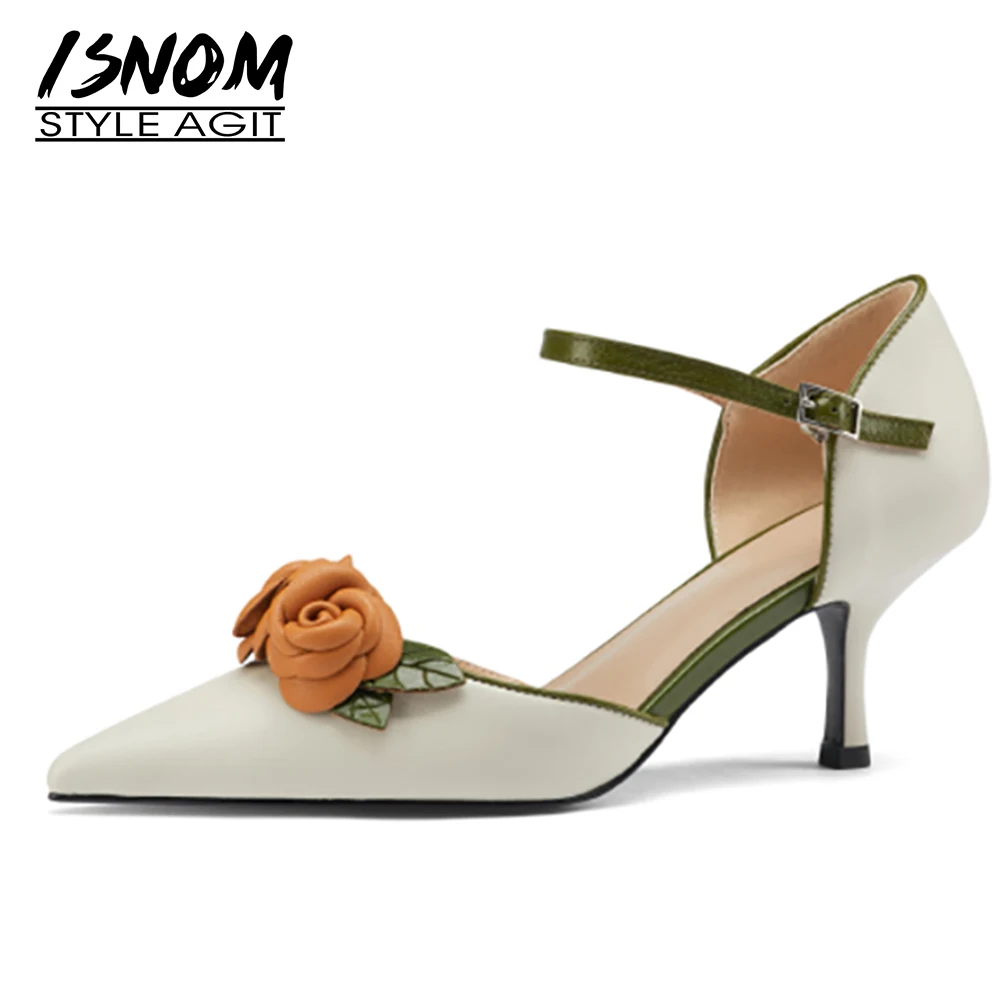 

Элегантные женские сандалии ISNOM на среднем тонком каблуке с металлической пряжкой летние сандалии из натуральной кожи с цветами Свадебная ...