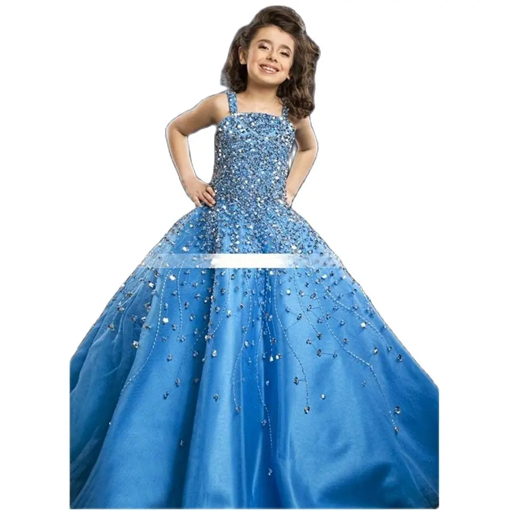 

Fashion Style Sequins Blue Girls Pageant Dresses Ball Gown Spaghetti Strap Organza Floor-Length Girls Formal Dresses