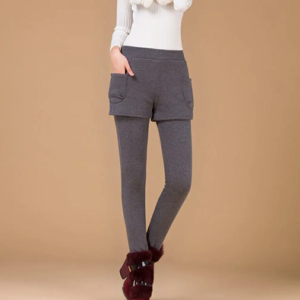

Autumn and Winter Women Warm Leggings Elastic Fake Two Pieces Lady Pants Thicken Slim Casual Female Legging Pants with Pockets