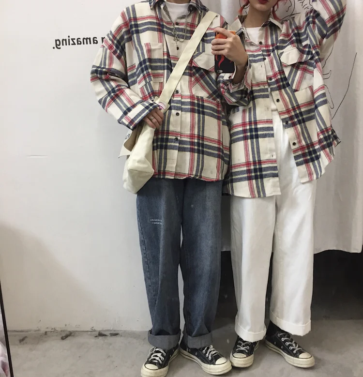 Японская Ретро Клетчатая Мужская рубашка свободная кнопка белая Повседневная