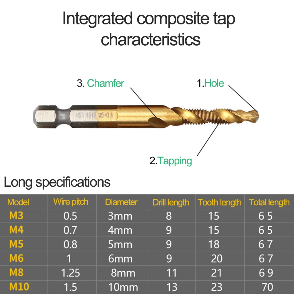 

1/3/6PCS Hex Shank Titanium Plated HSS Screw Thread Metric Tap Drill Bit Compound Tap Screw Machine M3 M4 M5 M6 M8 M10 Hand Tool