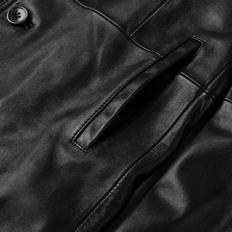 

Street 100% Genuine Sheepskin Coat Men Spring Autumn Slim Fit Single Breasted Business Long Jacket Black Casual Formal Outerwear