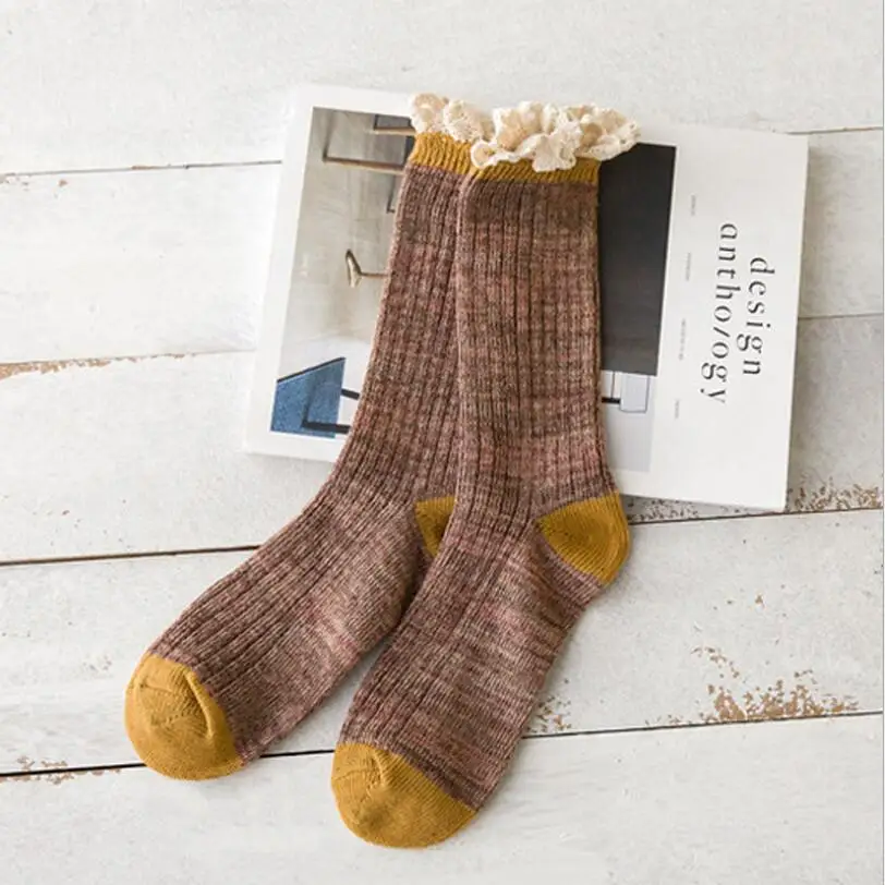 Thick Cotton Socks for Women Lace Cuff Ribbed Marled Yarn Multi Winter Ankle Socks Warm Crew Sock 5Pairs/ Lot