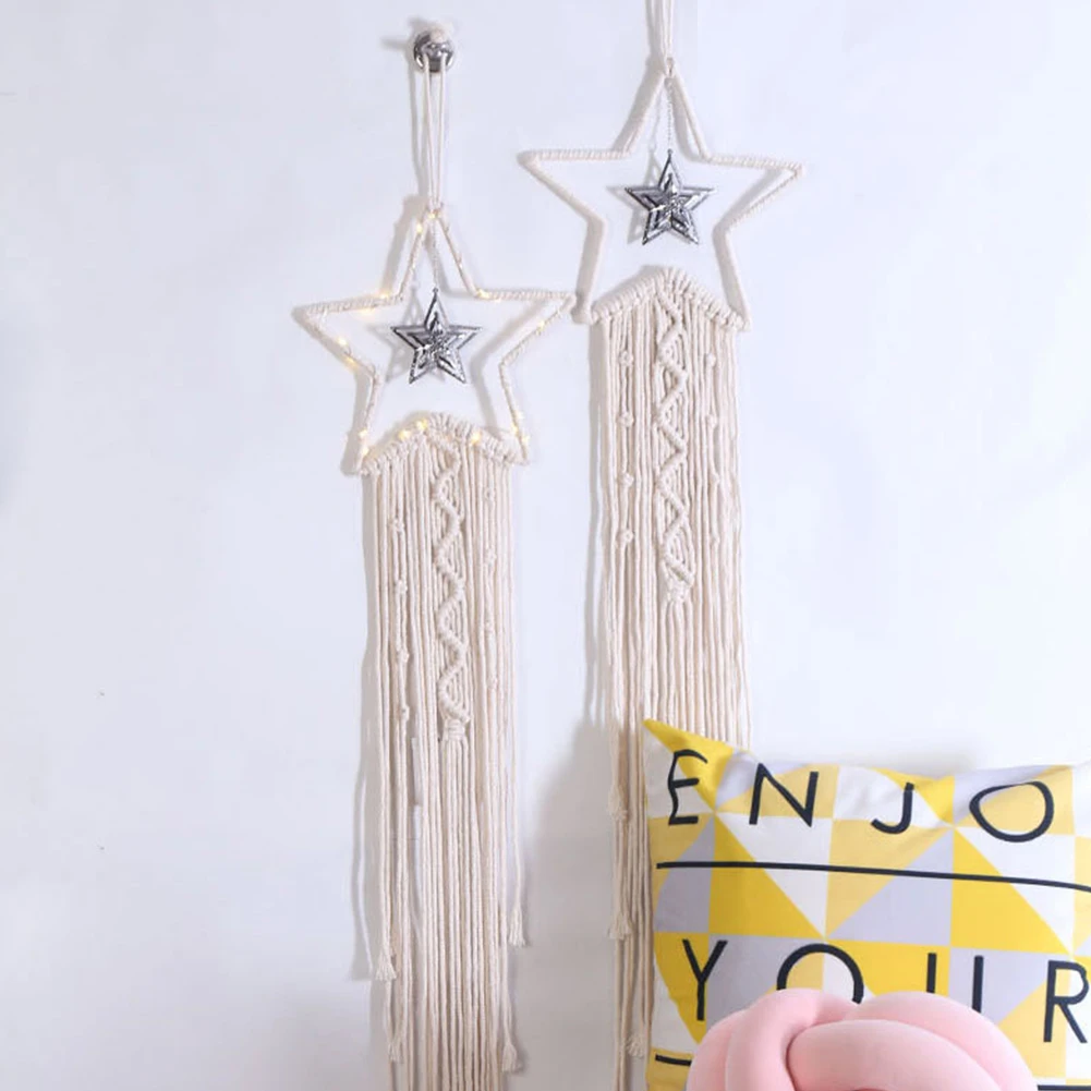 

Nordic Style Handwoven Star Shape LED Light Macrame Tapestry Art Woven Cotton Rope Bohemian Wall Hanging Living Room Decoration
