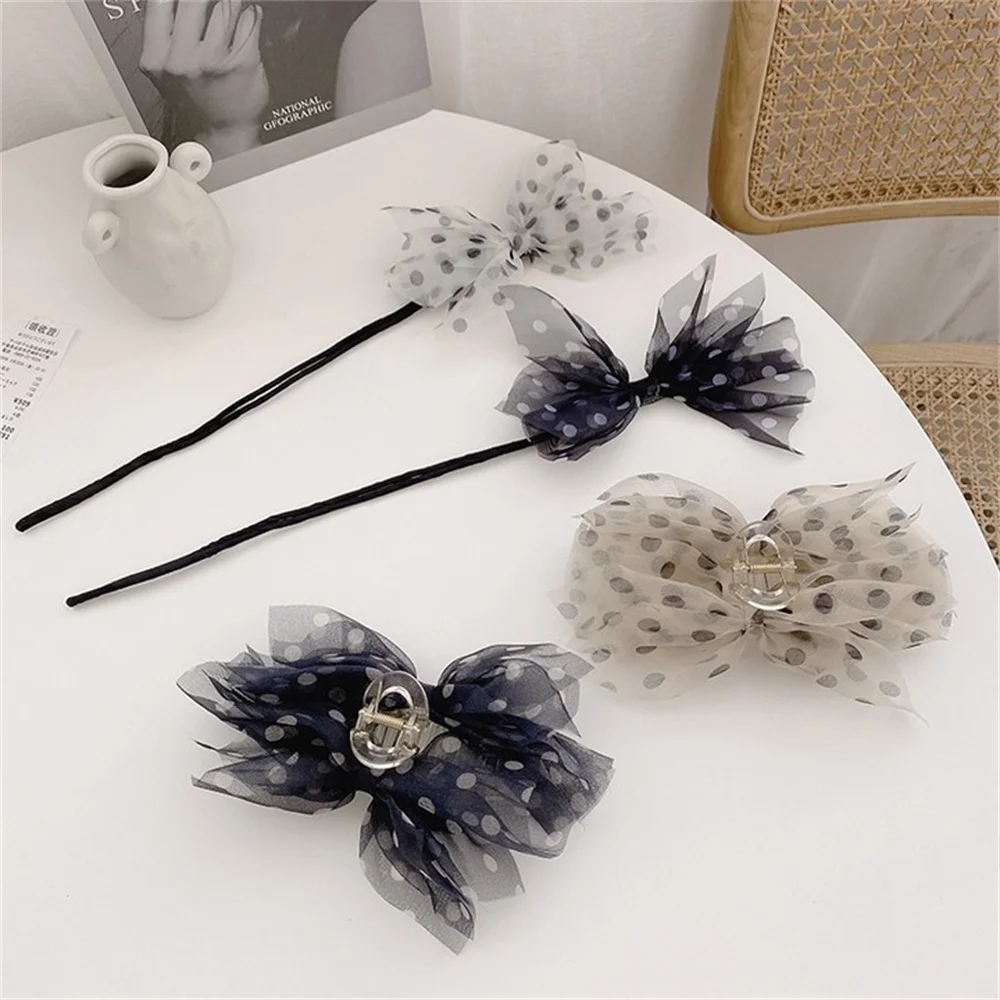 

Net Yarn Polka Dot Bow Hair Clip Claw Large For Thick Hair Women Female French Elegance Wave Point Hair Clips Claws