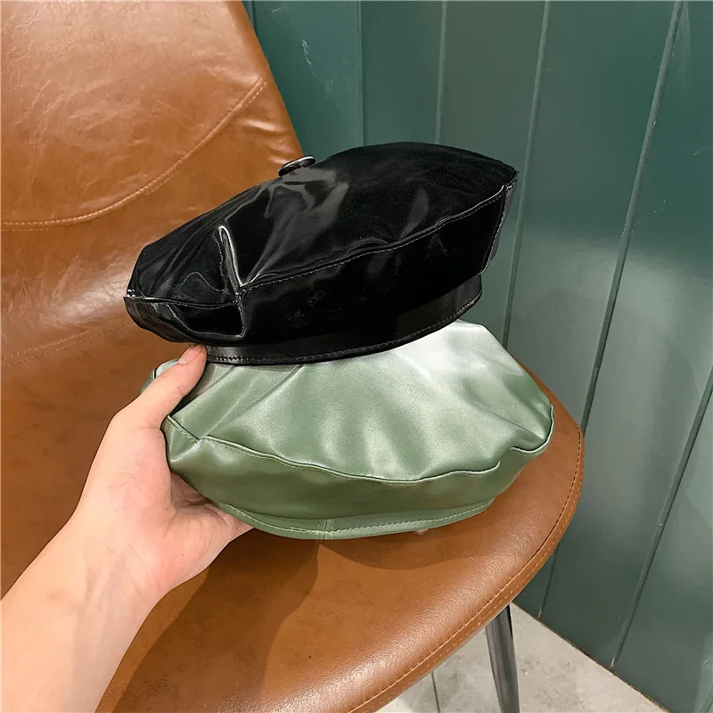 

Spring and Autumn Beret British Style Bright Leather Macaron Solid Color Wild Beret Female Pu Leather Painter Hat Women's Gorras