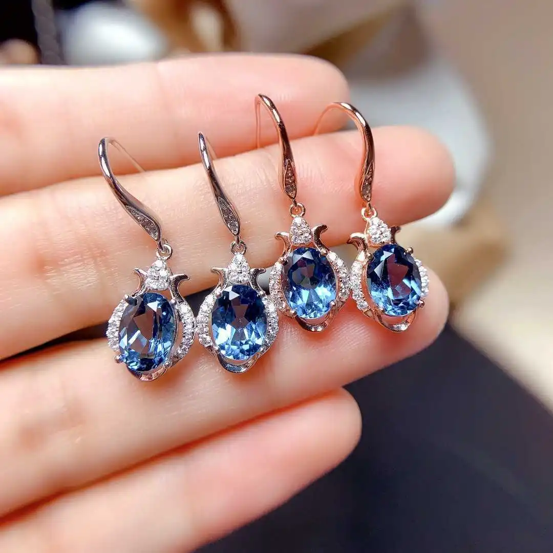 

New 925 Silver Inlaid Blue Topaz Gemstone Drop Earrings For Women Student Party Hook Earrings Fine Jewelry Bride Wedding Gift