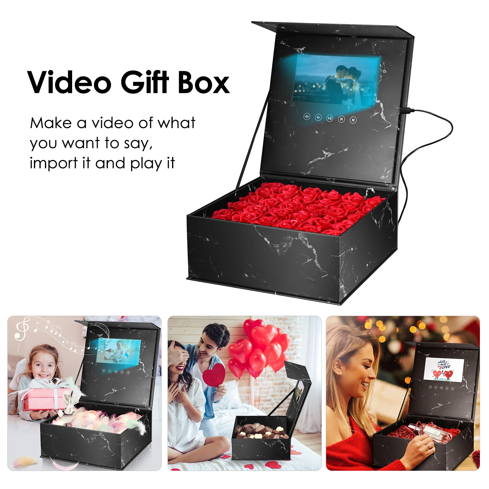 Caja de regalo con pantalla LCD negra/blanca de 7 pulgadas, con v&iacute;deo y mensaje fotogr&aacute;fico para compromiso, boda, Navidad, cumplea&ntilde;os y aniversarios-0
