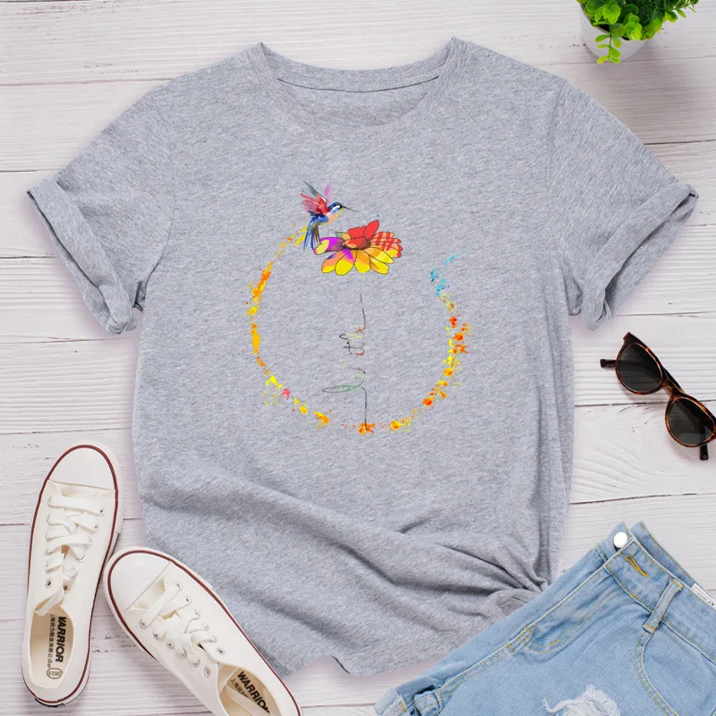 

Fashion Summer Women T Shirts Flower and Bird Graphic Tee Oversized Short Sleeve Cotton Shirt Tops Female Dadies
