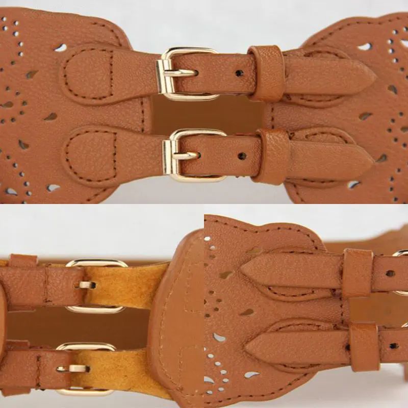 

Vintage Female Leather Corset Belt for Dresses Coat Adjustable Belt Elastic Wide Waist Belt Double Buckle Hollow Cummerbund